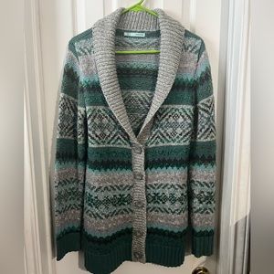 MAURICES CARDIGAN GREEN GRAY PRINT SWEATER SZ MEDIUM